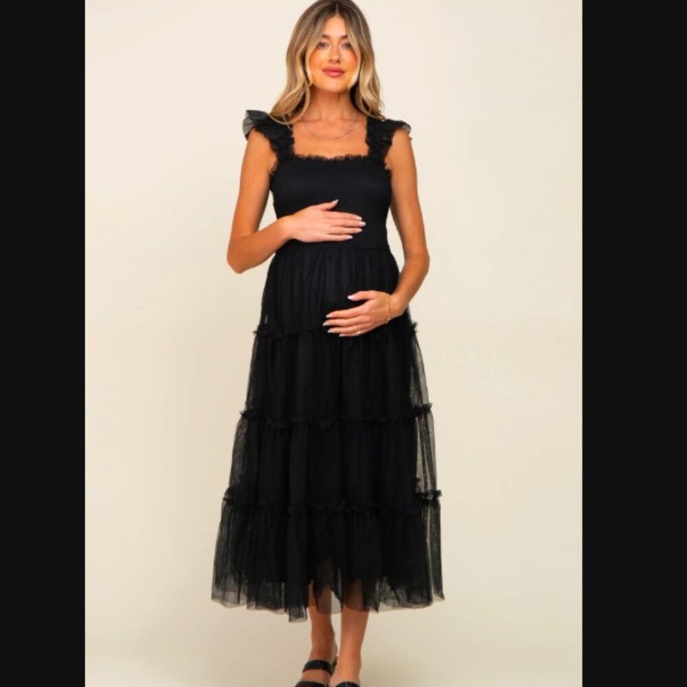 PINK BLUSH - Black Smocked Mesh Ruffle Accent Maternity Midi Dress